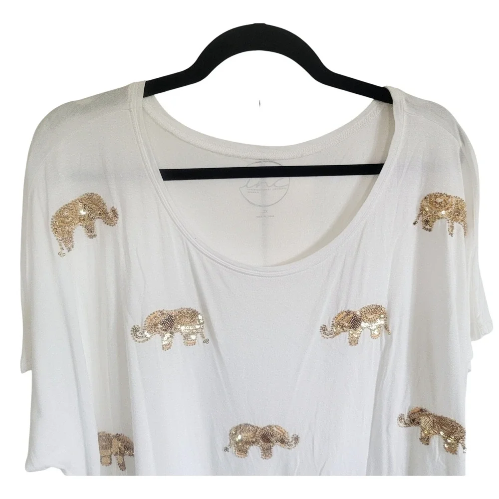 INC International Concepts 2X White Sequin Elephant T-Shirt Top - Picture 5 of 10